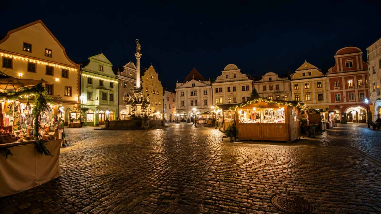 Český Krumlov main square and old town at night, a short walk from Mini Hotel Abraka