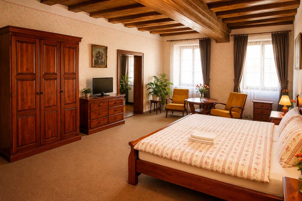 Cozy room with wooden beamed ceiling and warm lamplight at Mini Hotel Abraka